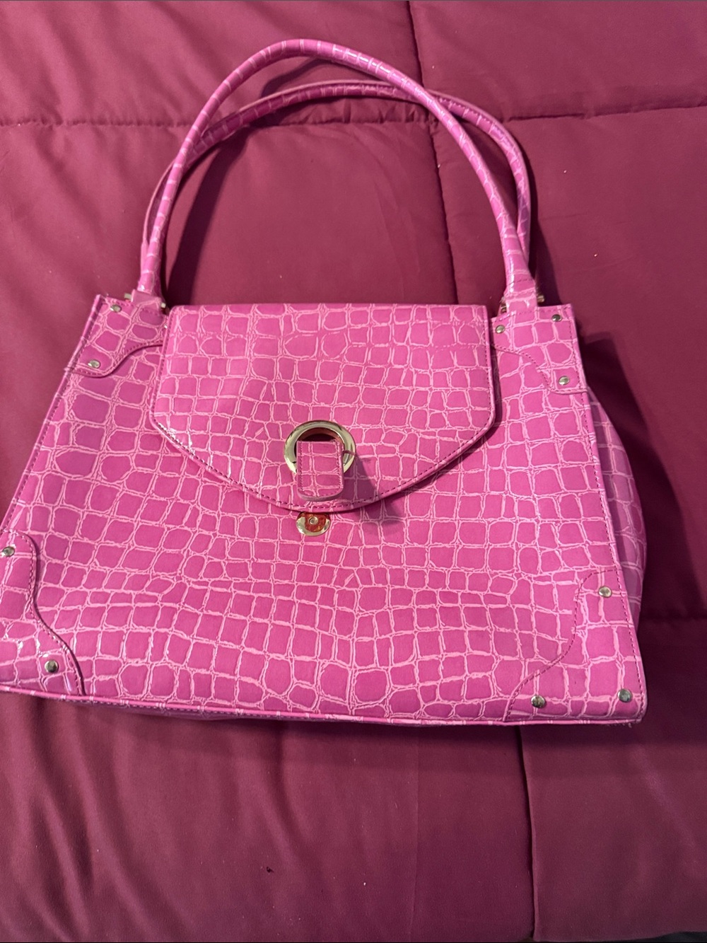 Pink Croc-Embossed Top-Handle Women's Bag